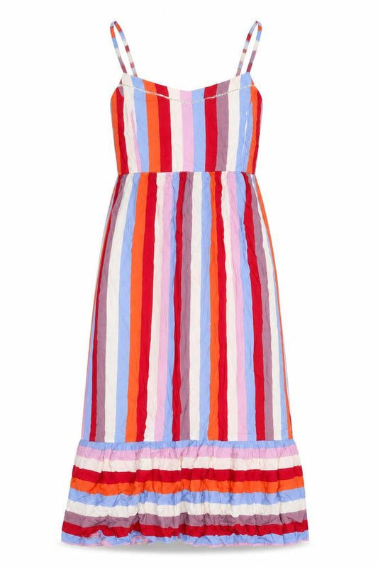 Front view of Marks & Spencer women’s multicoloured striped viscose a-line, size UK 8, v-neck pullover