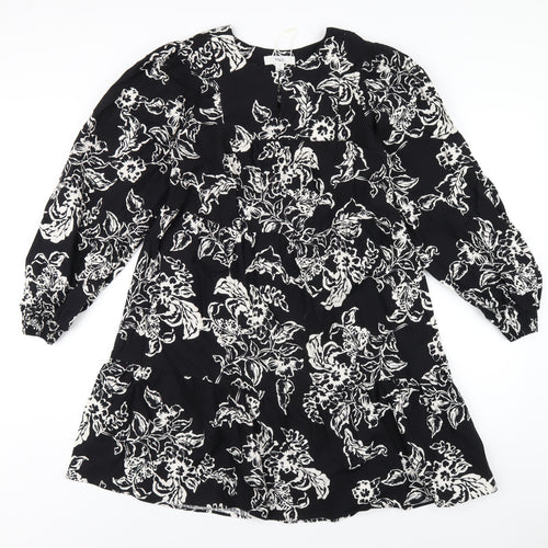 Marks and Spencer Womens Black Floral Cotton A-Line Size 10 Round Neck Button