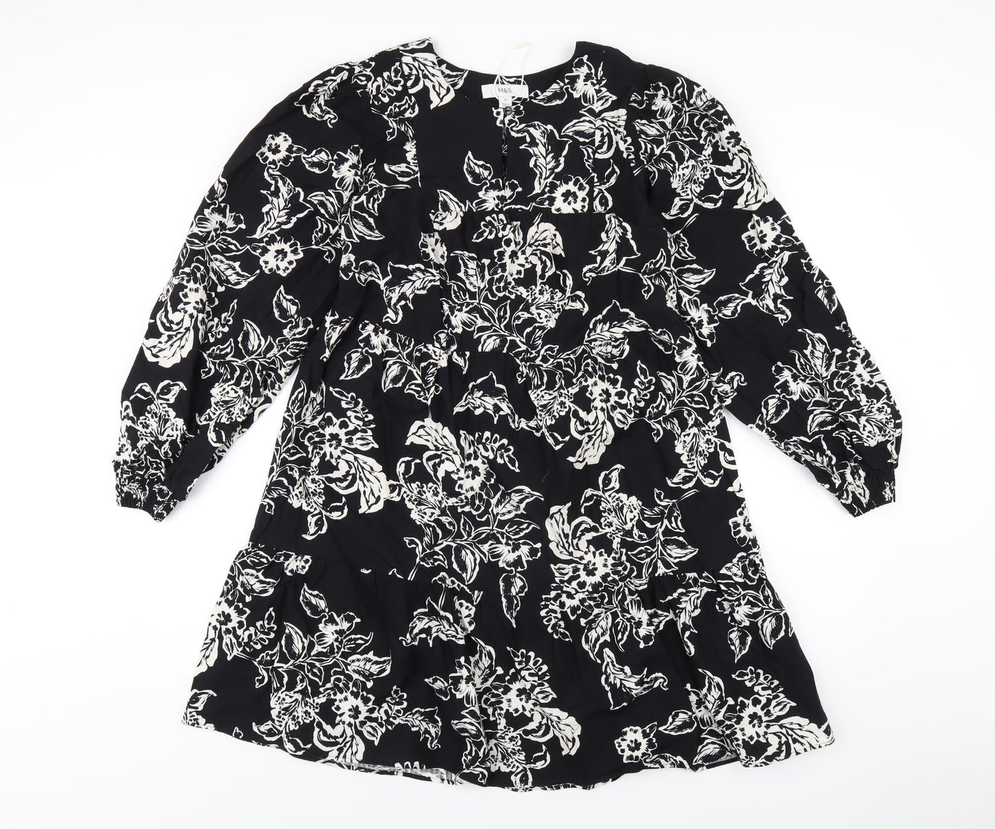 Marks and Spencer Womens Black Floral Cotton A-Line Size 10 Round Neck Button