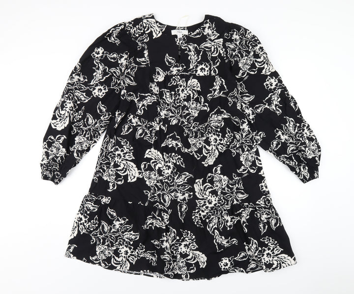 Marks and Spencer Womens Black Floral Cotton A-Line Size 10 Round Neck Button