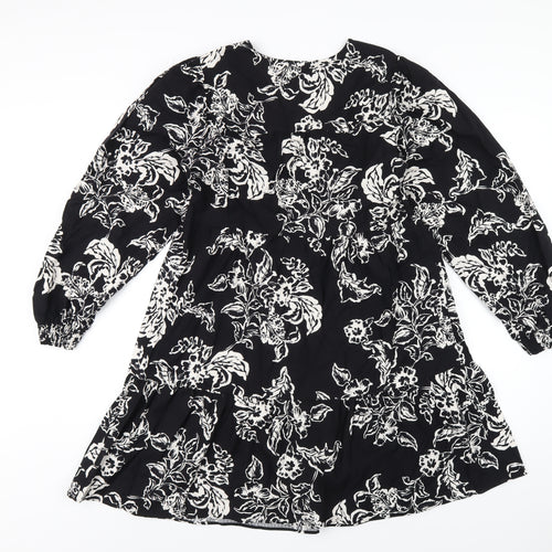 Marks and Spencer Womens Black Floral Cotton A-Line Size 10 Round Neck Button