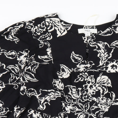 Marks and Spencer Womens Black Floral Cotton A-Line Size 10 Round Neck Button