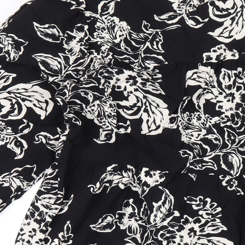 Marks and Spencer Womens Black Floral Cotton A-Line Size 10 Round Neck Button