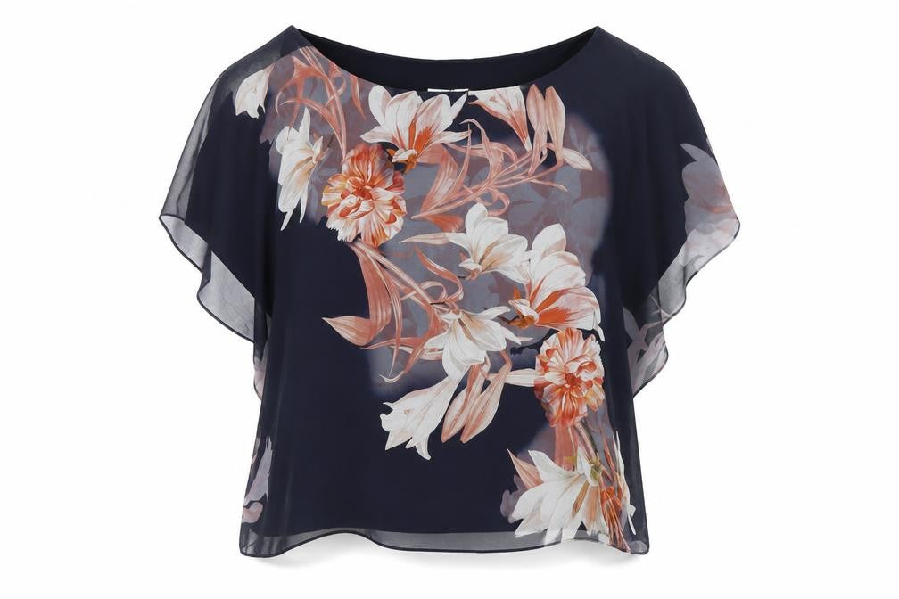 Front view of Wallis women’s blue floral polyester basic t-shirt, size UK 8, round neck