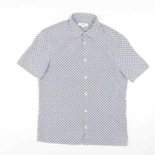 Marks and Spencer Mens Blue Geometric Polyester Button-Up Size M Collared Button