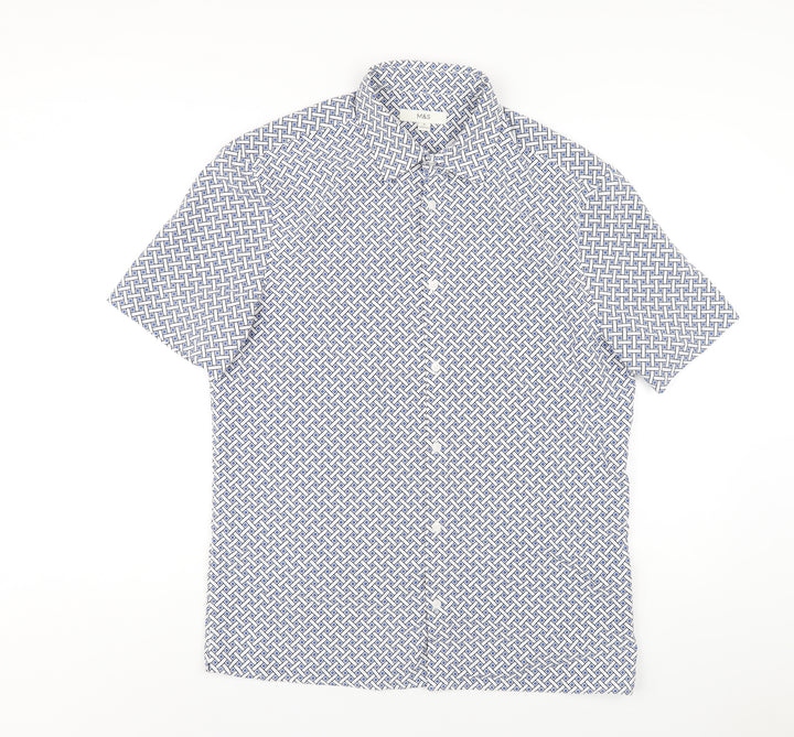 Marks and Spencer Mens Blue Geometric Polyester Button-Up Size M Collared Button