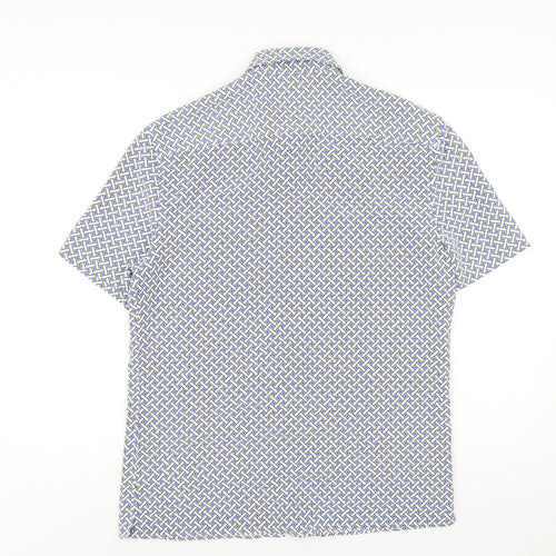 Marks and Spencer Mens Blue Geometric Polyester Button-Up Size M Collared Button