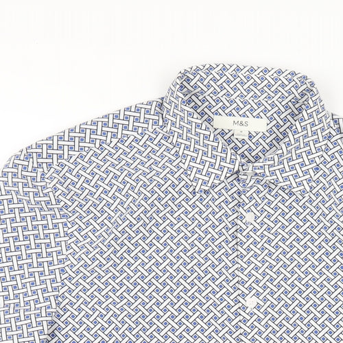 Marks and Spencer Mens Blue Geometric Polyester Button-Up Size M Collared Button