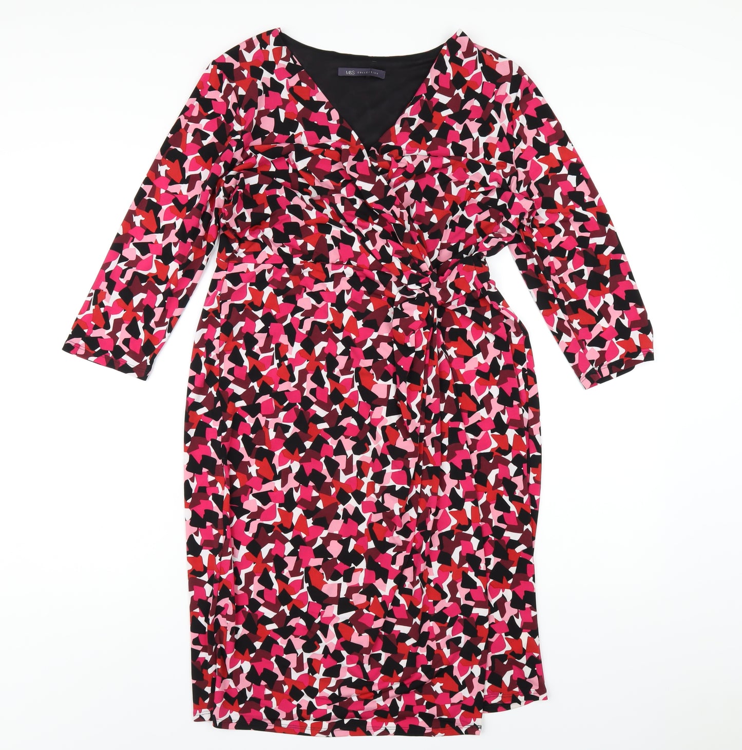 Marks and Spencer Womens Pink Geometric Polyester Pencil Dress Size 14 V-Neck Pullover