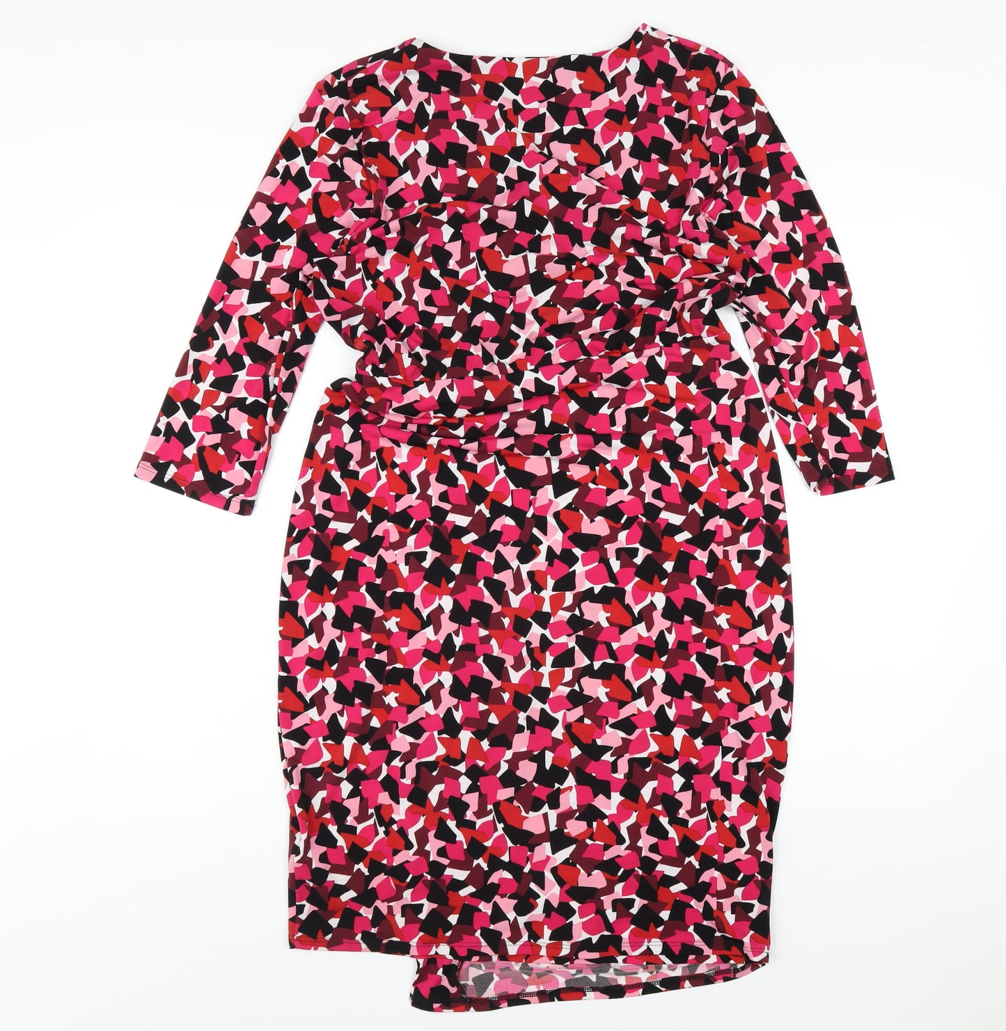 Marks and Spencer Womens Pink Geometric Polyester Pencil Dress Size 14 V-Neck Pullover
