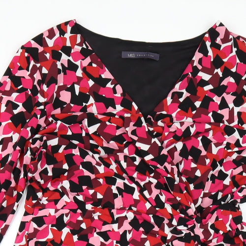 Marks and Spencer Womens Pink Geometric Polyester Pencil Dress Size 14 V-Neck Pullover