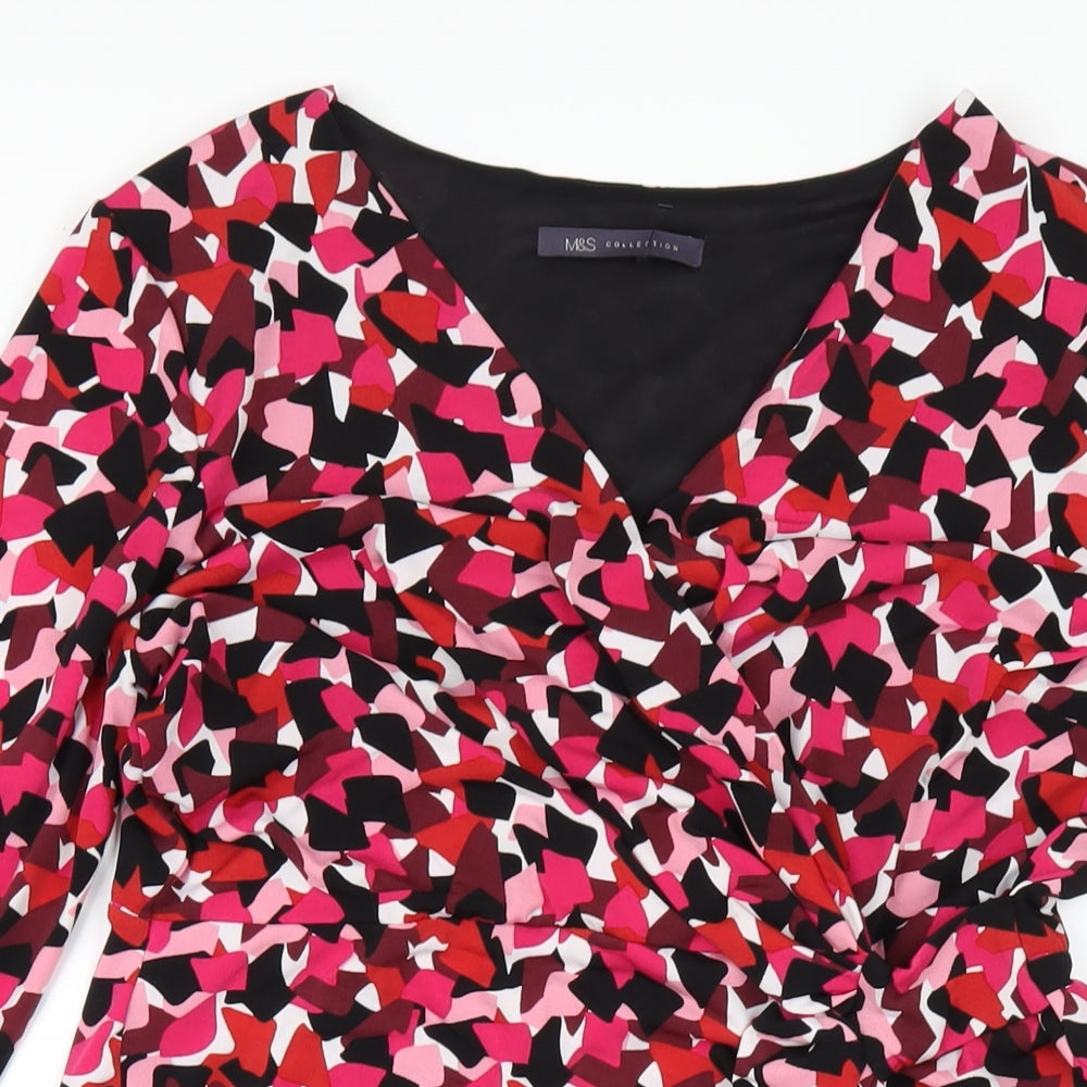 Marks and Spencer Womens Pink Geometric Polyester Pencil Dress Size 14 V-Neck Pullover