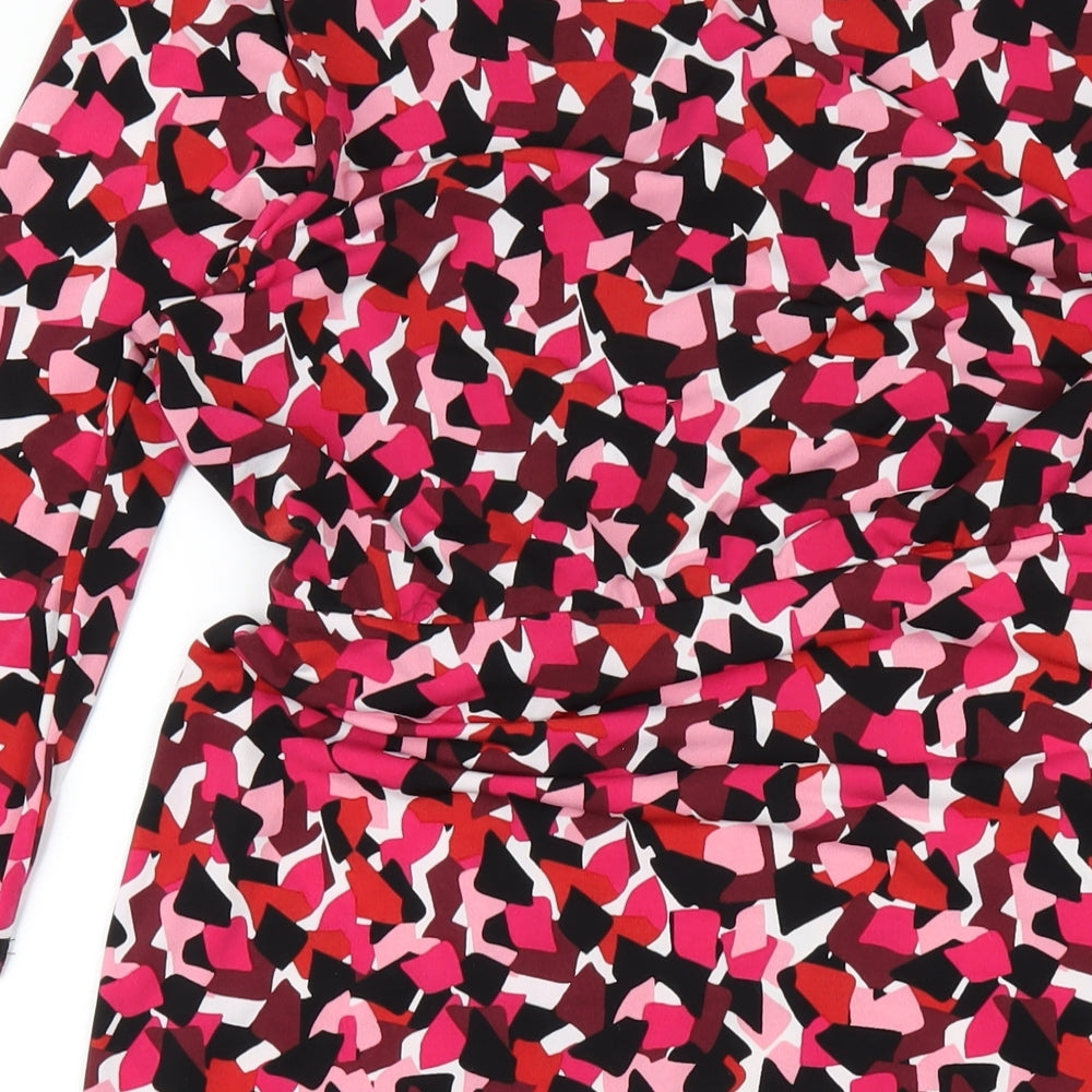 Marks and Spencer Womens Pink Geometric Polyester Pencil Dress Size 14 V-Neck Pullover