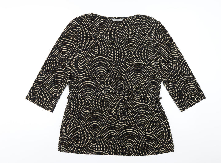 Marks and Spencer Womens Black Geometric Polyester Basic T-Shirt Size 14 Round Neck
