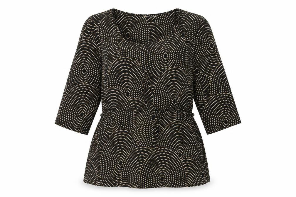 Front view of Marks & Spencer women’s black geometric polyester basic t-shirt, size UK 14, round neck