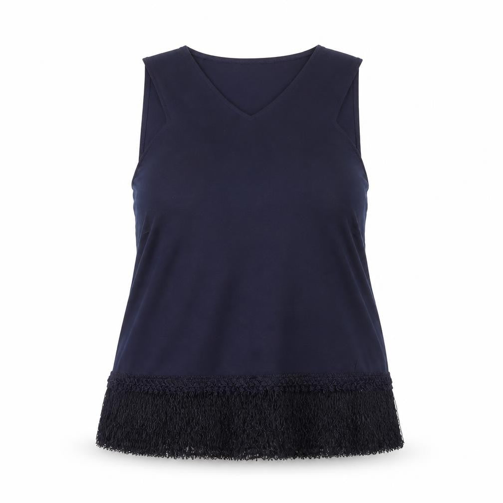 Front view of Urban Precinct women’s blue polyester basic tank, size UK 16, v-neck - tassel hem
