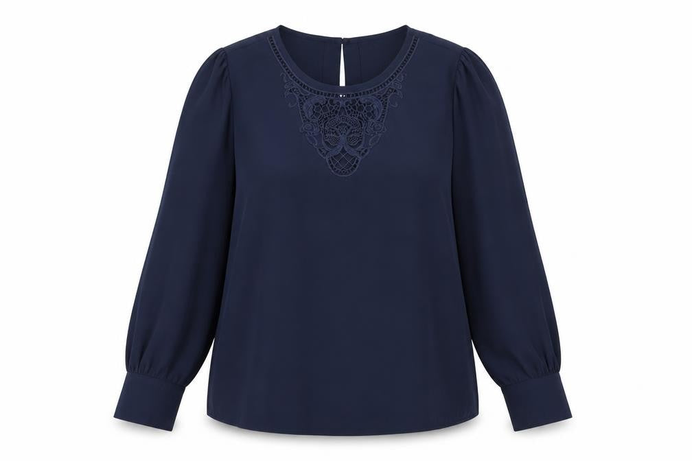 Front view of Marks & Spencer women’s blue polyester basic t-shirt, size UK 14, round neck