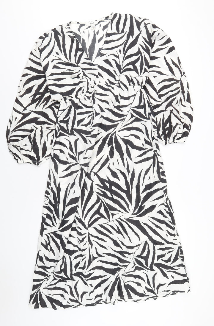 Marks and Spencer Womens White Geometric Polyester A-Line Size 10 V-Neck Pullover