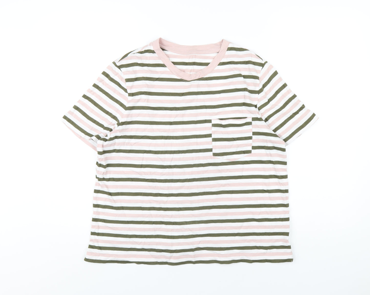 Marks and Spencer Womens Multicoloured Striped Cotton Basic T-Shirt Size 14 Off the Shoulder