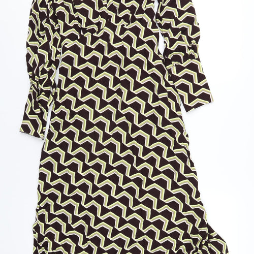 Marks and Spencer Womens Brown Geometric Viscose A-Line Size 8 Round Neck Zip