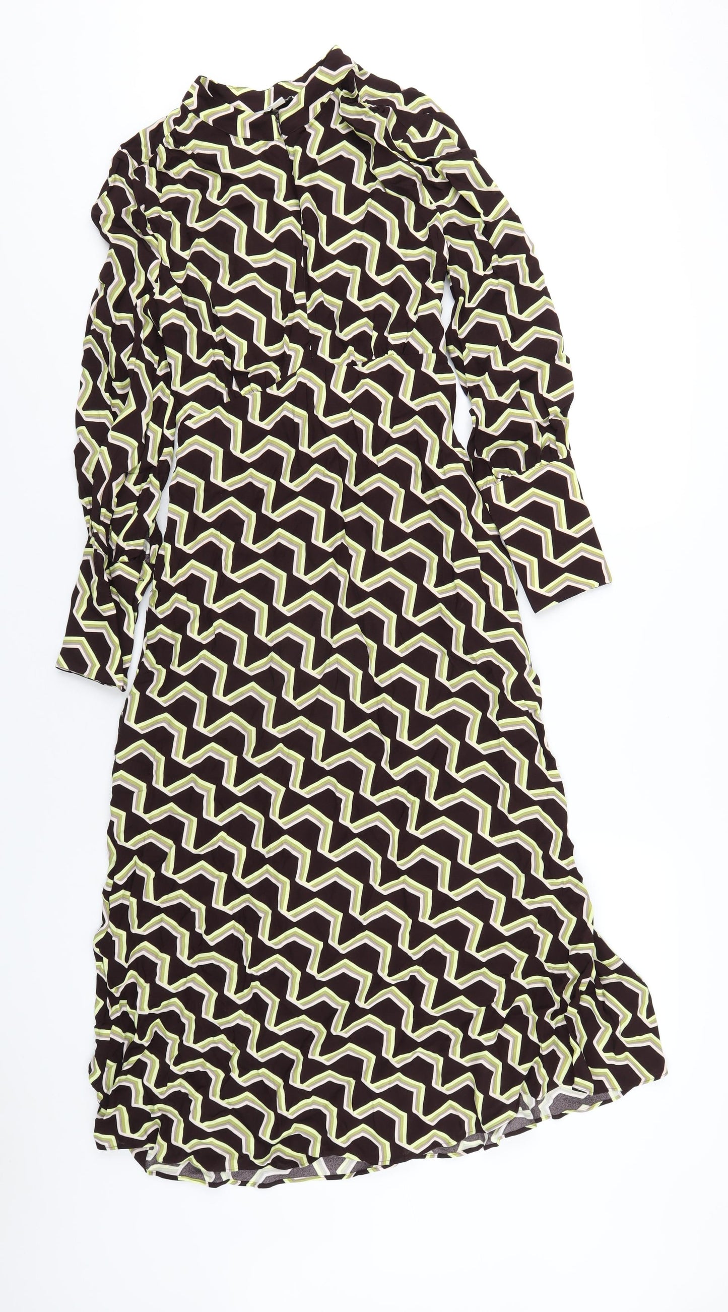 Marks and Spencer Womens Brown Geometric Viscose A-Line Size 8 Round Neck Zip