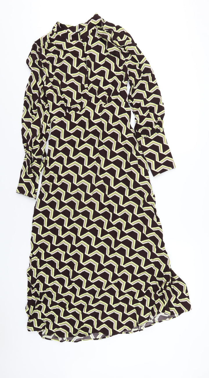 Marks and Spencer Womens Brown Geometric Viscose A-Line Size 8 Round Neck Zip
