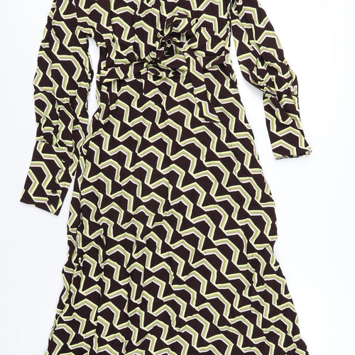 Marks and Spencer Womens Brown Geometric Viscose A-Line Size 8 Round Neck Zip