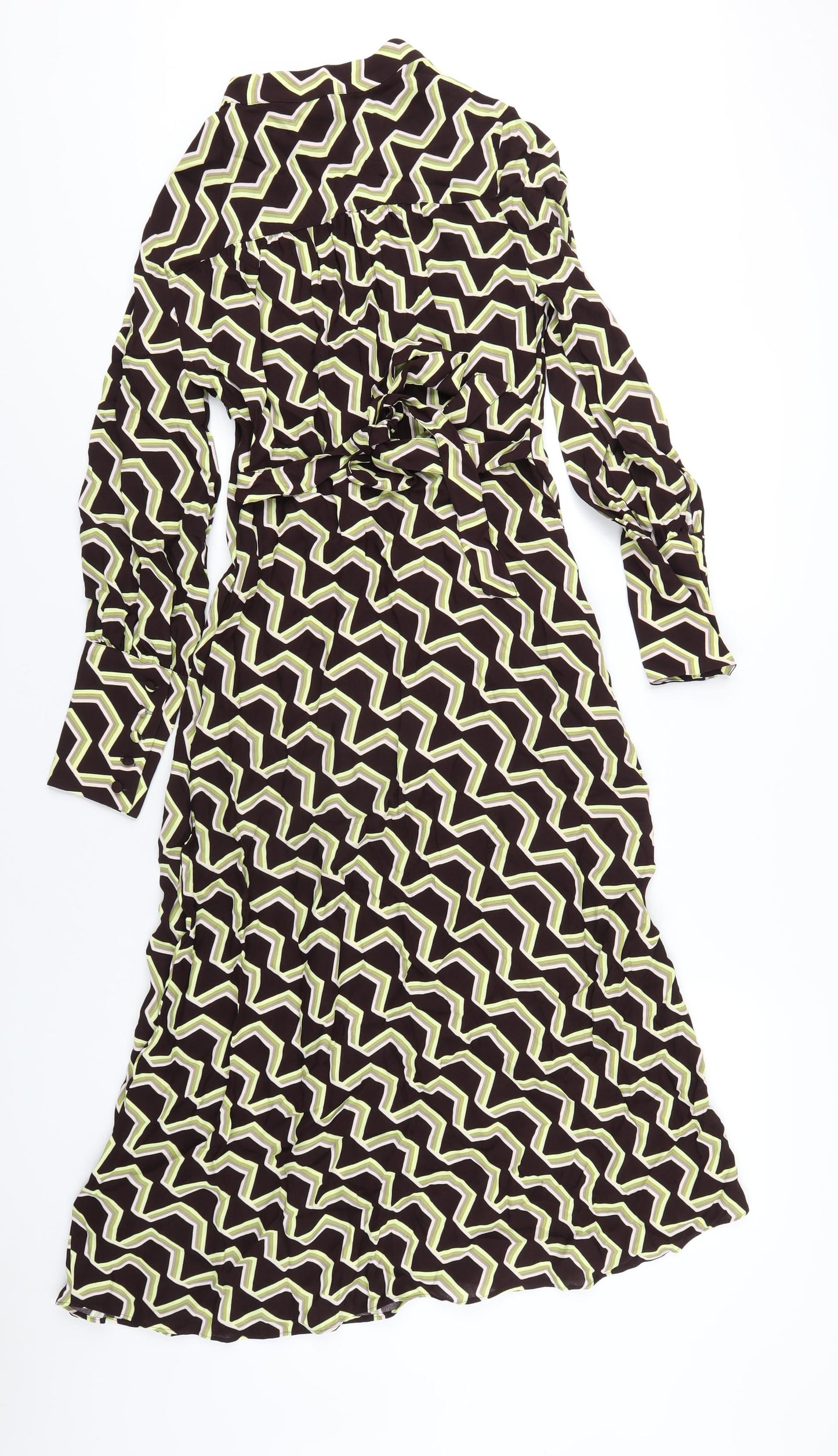 Marks and Spencer Womens Brown Geometric Viscose A-Line Size 8 Round Neck Zip