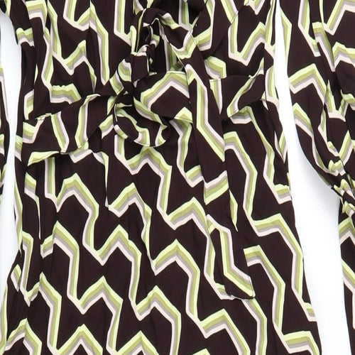 Marks and Spencer Womens Brown Geometric Viscose A-Line Size 8 Round Neck Zip