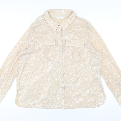 Marks and Spencer Womens Beige Polyester Basic Button-Up Size 14 Collared - Sequin