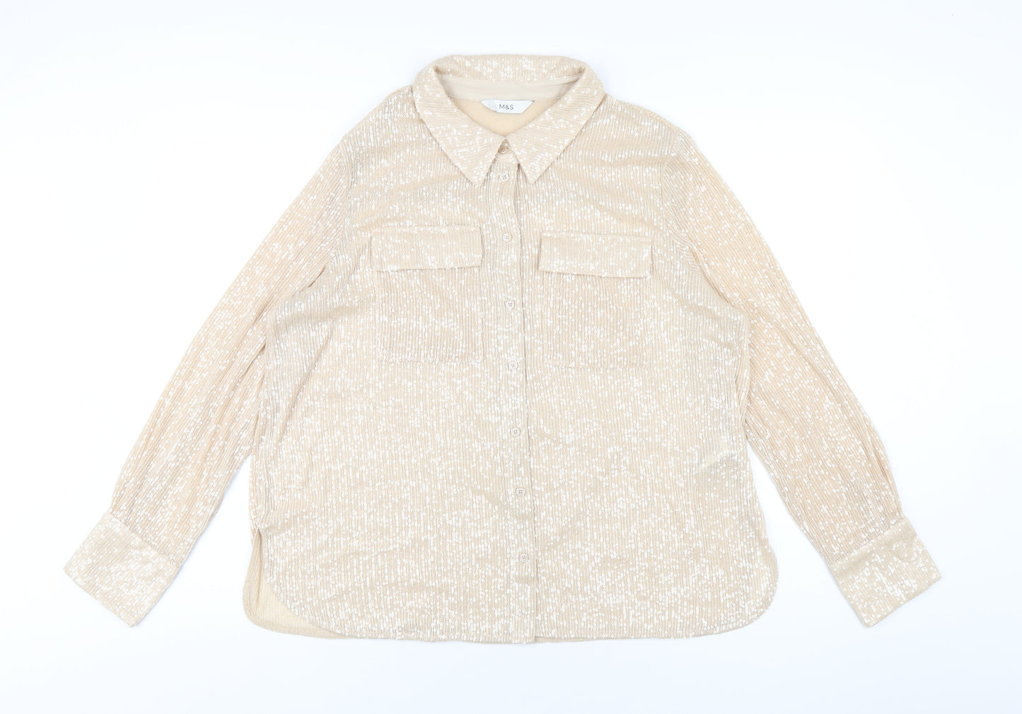 Marks and Spencer Womens Beige Polyester Basic Button-Up Size 14 Collared - Sequin