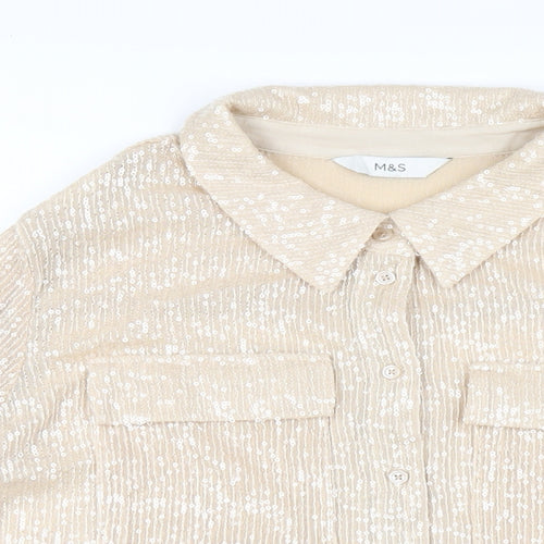 Marks and Spencer Womens Beige Polyester Basic Button-Up Size 14 Collared - Sequin