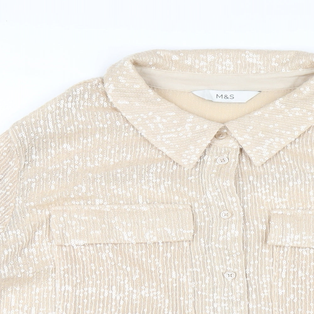 Marks and Spencer Womens Beige Polyester Basic Button-Up Size 14 Collared - Sequin