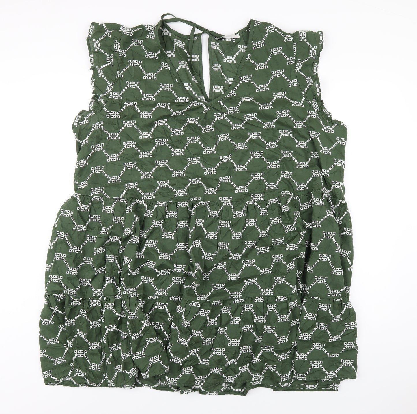 Marks and Spencer Womens Green Geometric Cotton A-Line Size 22 V-Neck Pullover