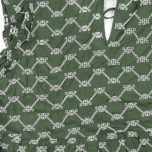Marks and Spencer Womens Green Geometric Cotton A-Line Size 22 V-Neck Pullover