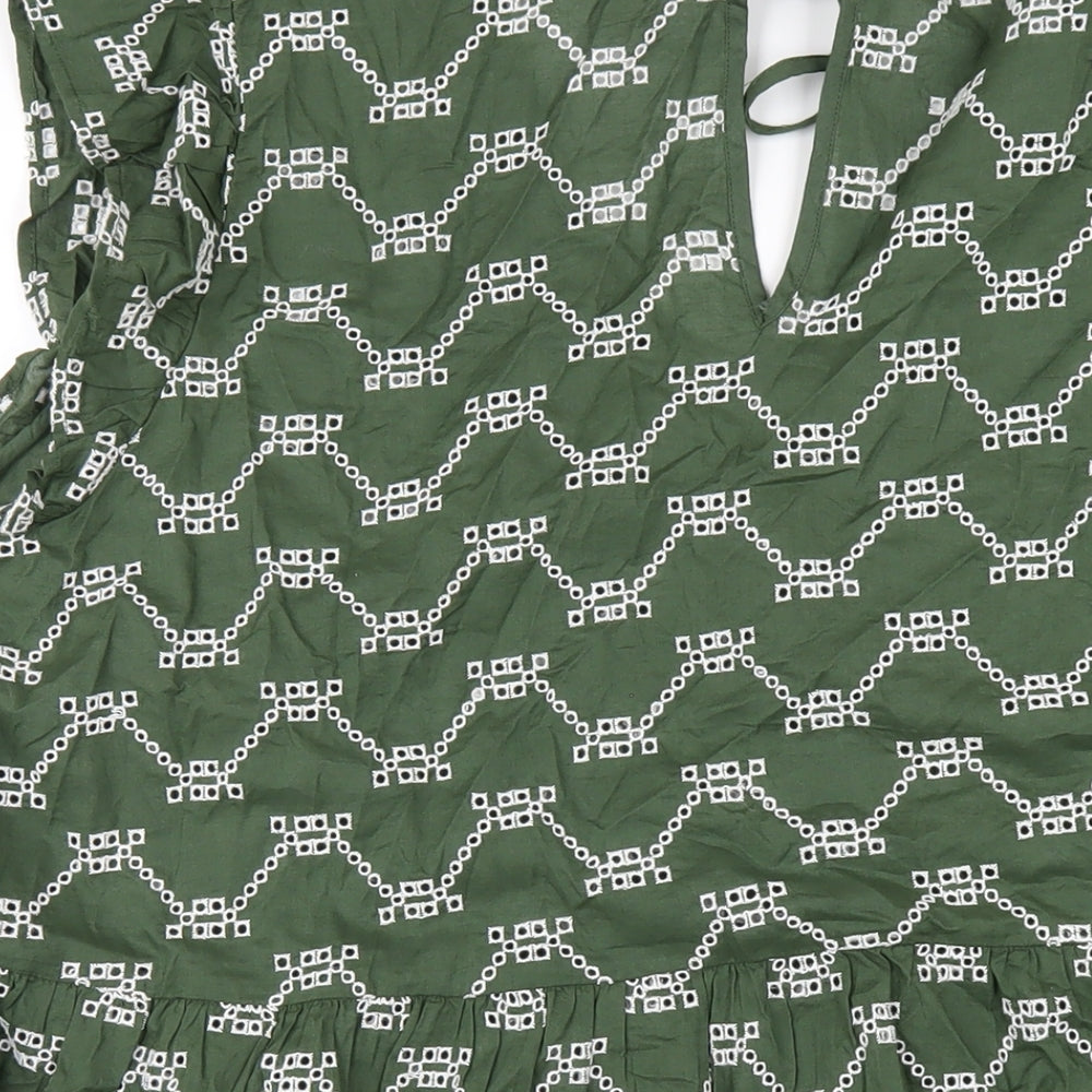 Marks and Spencer Womens Green Geometric Cotton A-Line Size 22 V-Neck Pullover