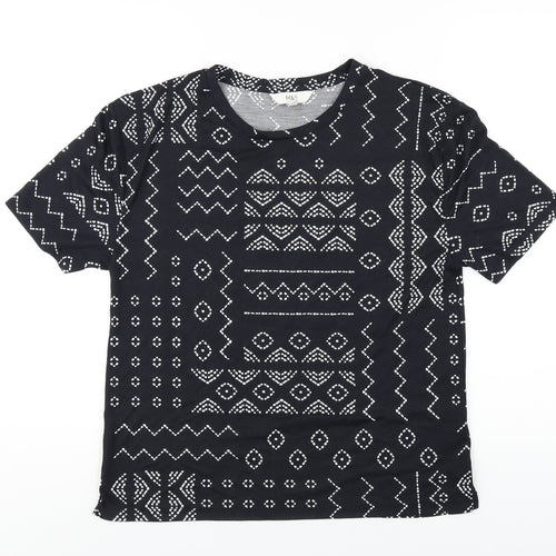 Marks and Spencer Womens Black Geometric Polyester Basic T-Shirt Size 8 Round Neck
