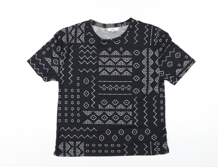 Marks and Spencer Womens Black Geometric Polyester Basic T-Shirt Size 8 Round Neck