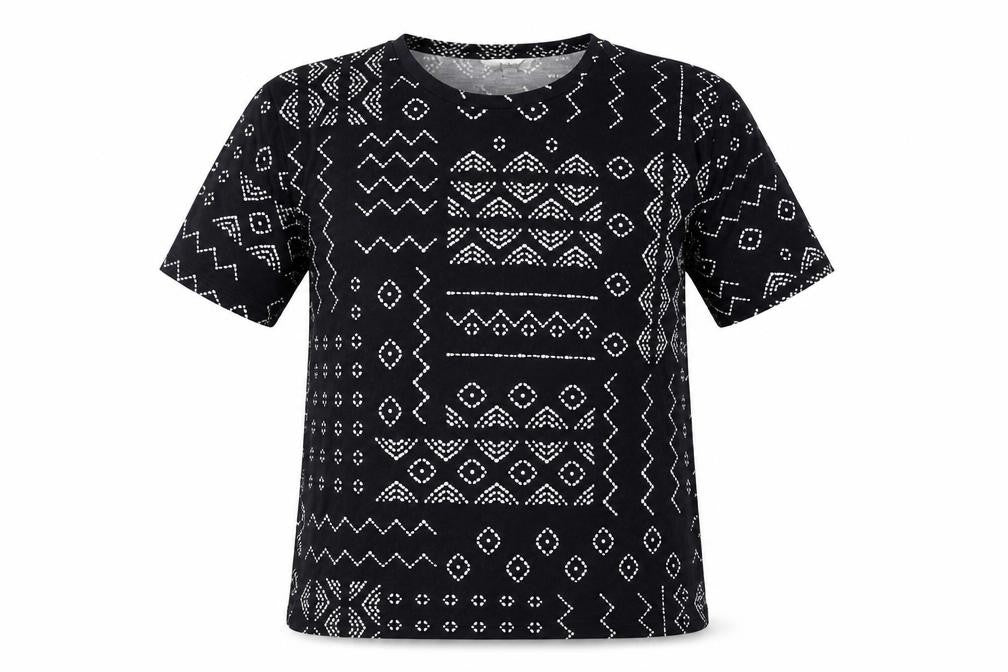 Front view of Marks & Spencer women’s black geometric polyester basic t-shirt, size UK 8, round neck