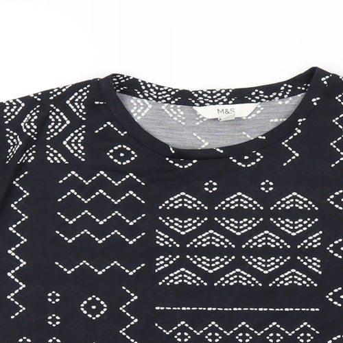 Marks and Spencer Womens Black Geometric Polyester Basic T-Shirt Size 8 Round Neck