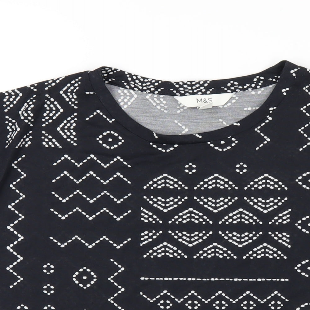 Marks and Spencer Womens Black Geometric Polyester Basic T-Shirt Size 8 Round Neck