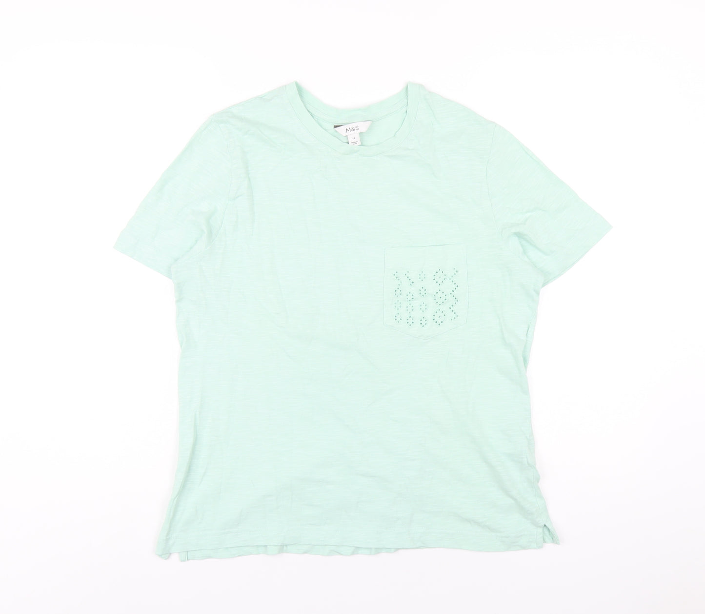 Marks and Spencer Womens Green Cotton Basic T-Shirt Size 12 Round Neck