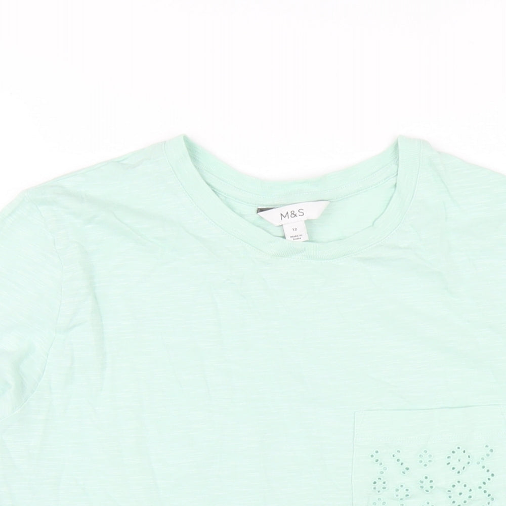 Marks and Spencer Womens Green Cotton Basic T-Shirt Size 12 Round Neck