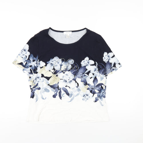 Mona Womens Blue Floral Viscose Basic Blouse Size 12 Round Neck