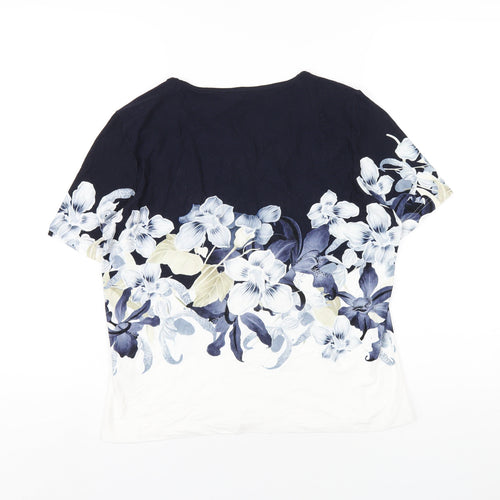 Mona Womens Blue Floral Viscose Basic Blouse Size 12 Round Neck