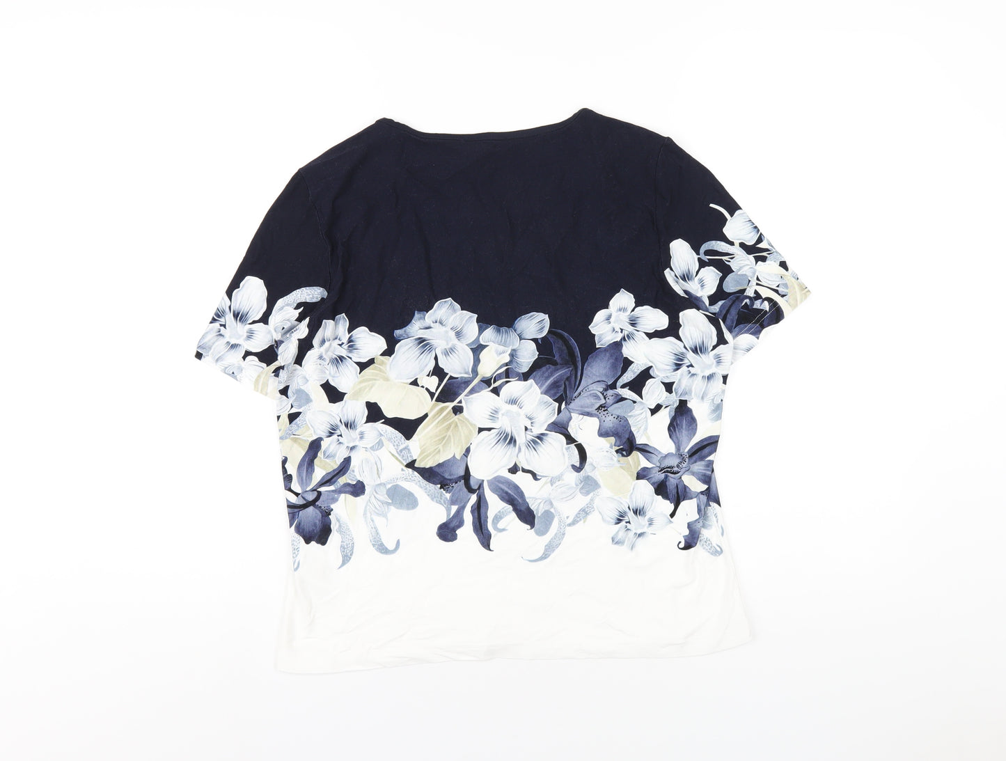 Mona Womens Blue Floral Viscose Basic Blouse Size 12 Round Neck