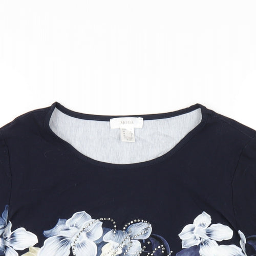 Mona Womens Blue Floral Viscose Basic Blouse Size 12 Round Neck