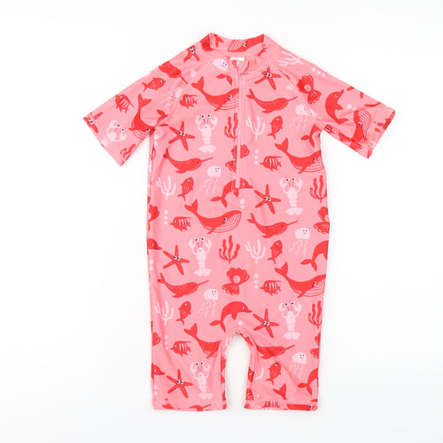 Marks and Spencer Girls Pink Geometric Polyester Coverall One-Piece Size 6-7 Years L6 in Zip - Swimming Costume