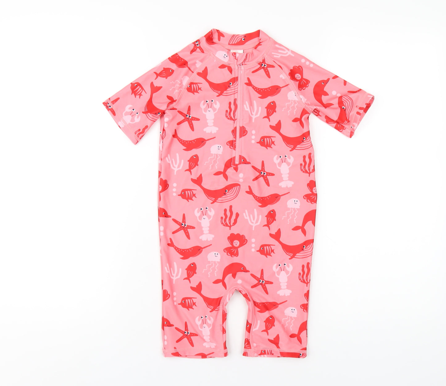 Marks and Spencer Girls Pink Geometric Polyester Coverall One-Piece Size 6-7 Years L6 in Zip - Swimming Costume