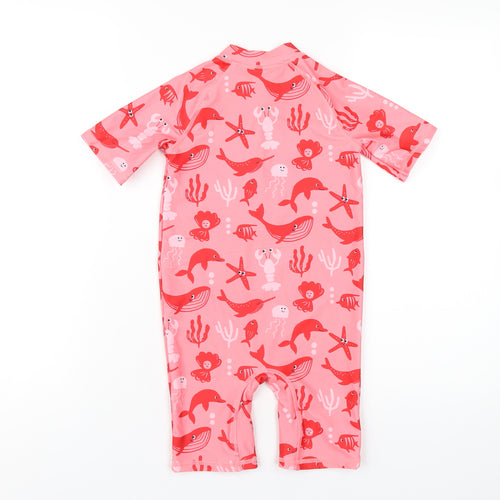 Marks and Spencer Girls Pink Geometric Polyester Coverall One-Piece Size 6-7 Years L6 in Zip - Swimming Costume